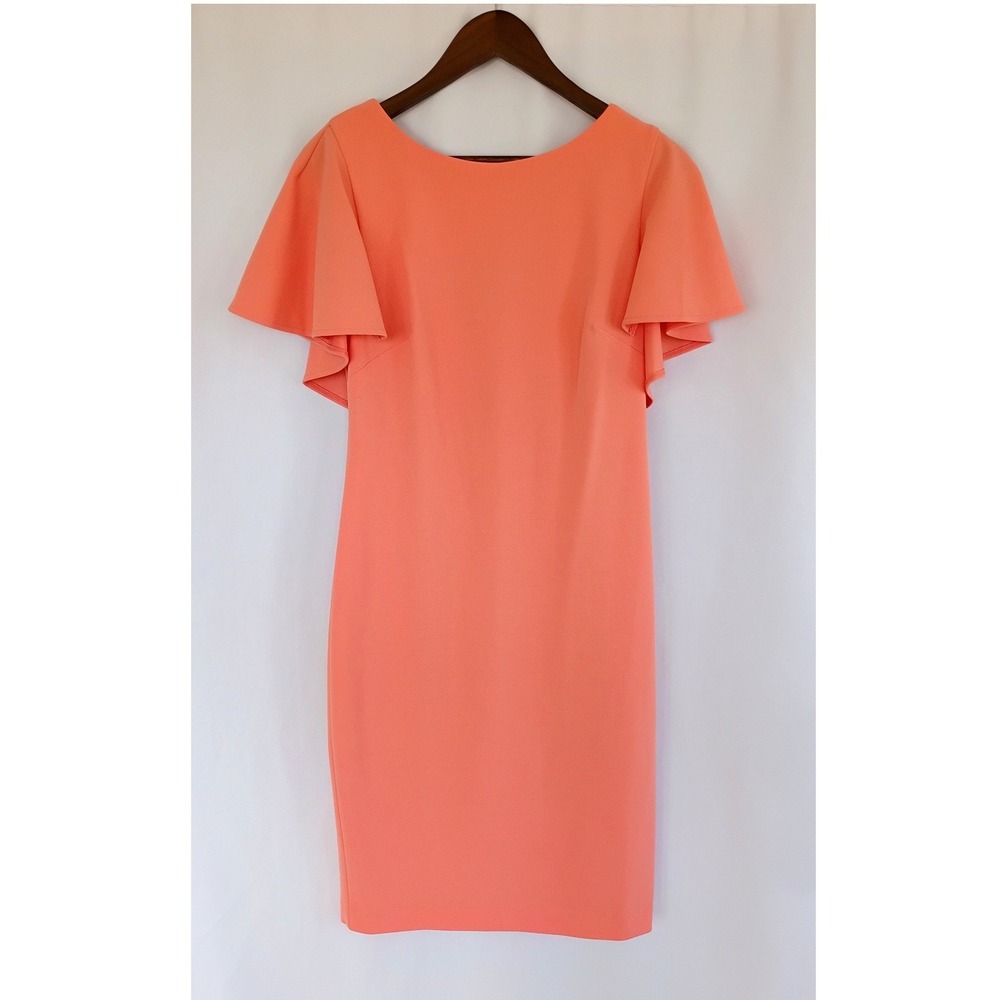Calvin Klein Coral Pink Flutter Sleeve Sheath Dress V-Back Sz 10 Cocktail Party